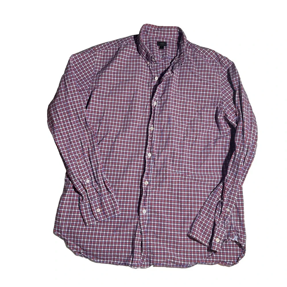 J Crew Mens XL Button Up Shirt Plaid Red White Blue 100% Cotton Long Sleeve